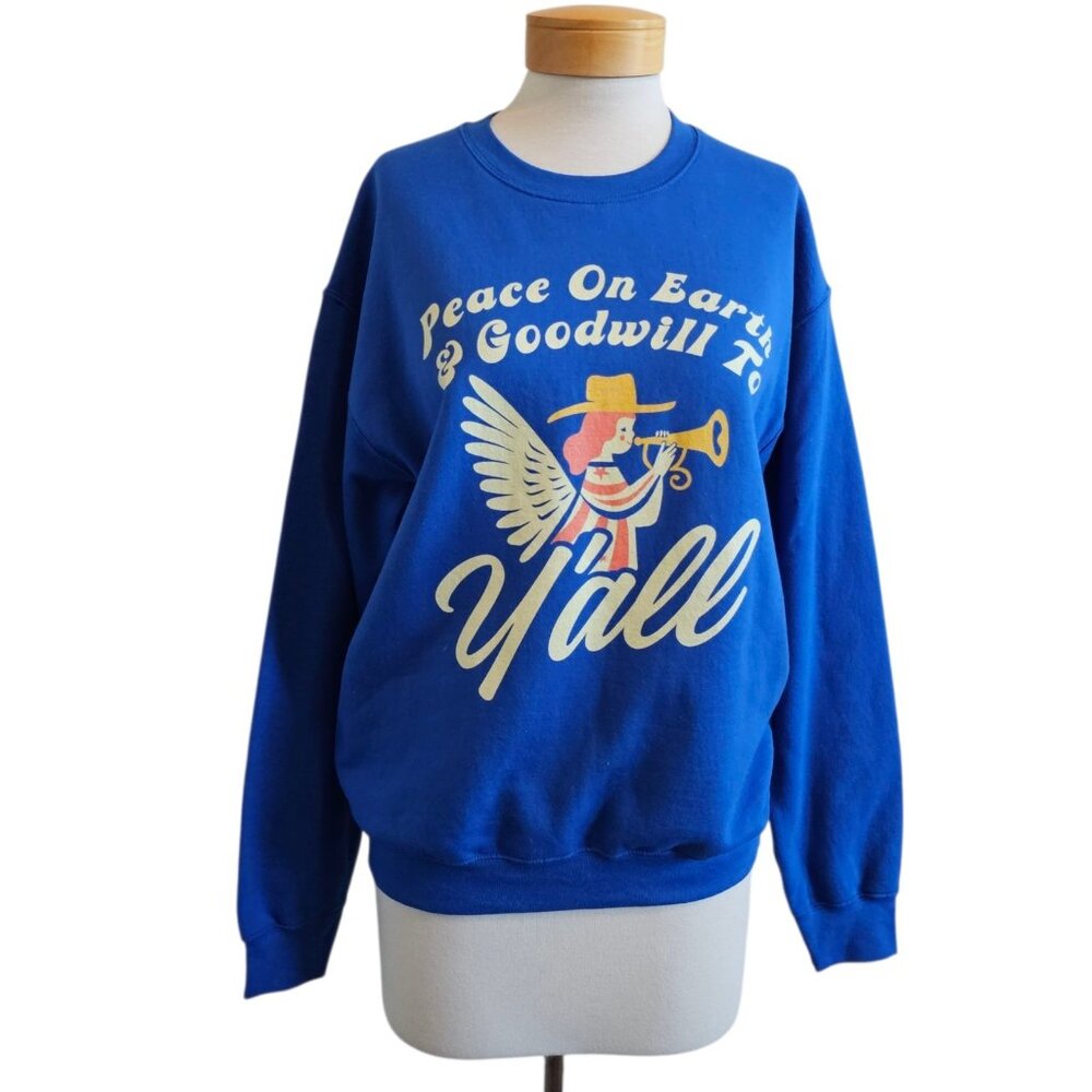 Lucy Jaynes Goodwill To Y'all Sweatshirt Christmas Blue Crew Neck Pullover M